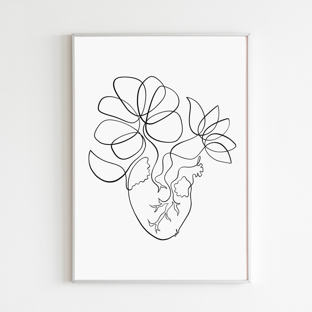 Floral Heart Wall Art Print, Minimalist Human Anatomy With Flowers ...