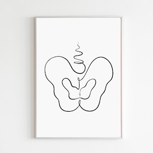 May include: A framed minimalist art print featuring a black line drawing of a pelvic bone structure on a white background. The artwork is a continuous line, creating a simple yet elegant representation of the human anatomy. The frame is silver.