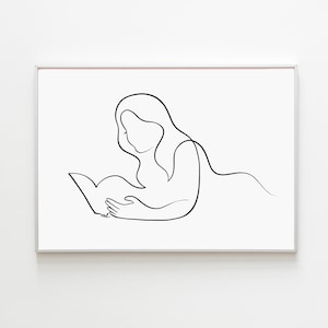 Literary Girl Art Print, Minimalist Woman Reading Book Wall Decor, Artistic Novel Lover Interior, Simple One Line Drawing Digital Download