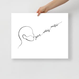 Decorazione murale per logopedia, stampa con disegno a linea singola di una testa che parla, illustrazione di schizzo singolo, trattamento della comunicazione, appeso a una superficie, dialogo