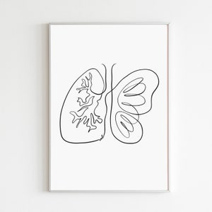 Impressão artística de borboletas em forma de pulmão, pôster minimalista abstrato de borboletas em forma de pulmão, impressão artística de anatomia humana, câncer de pulmão, decoração de consultório médico