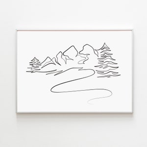 Puede incluir: Un dibujo en blanco y negro de una cordillera con un camino sinuoso que la atraviesa. Dos árboles se encuentran a cada lado del camino.