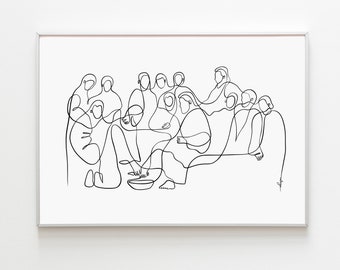 Jesus Washing Feet Print, Maudy Thursday Wall Decor, Modern Christian Line Art, Catholic Wall Art, Digital Download