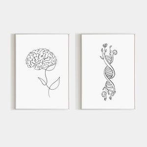 Arte de pared imprimible de 2 piezas de ADN y cerebro, arte abstracto de anatomía humana, arte médico, arte lineal cerebral, cerebro anatómico, diseño ADN floral