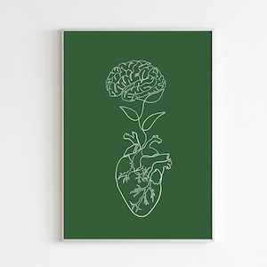 Impresión artística de corazón y cerebro, obra de arte abstracto verde de anatomía humana, decoración floral de pared para consultorio médico, póster de psicología, imprimible de neurología