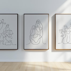 Conjunto de 3 impresiones de la escena de la Natividad, carteles minimalistas del pesebre, impresión de arte lineal de la Natividad navideña, obra de arte del Nacimiento de Jesús, arte moderno de la Sagrada Familia