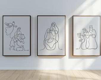 Krippenszene 3er Set Drucke Minimalistische Krippenposter Weihnachten Krippe Linie Art Print Geburt Jesus Kunstwerk Moderne Heilige Familienkunst