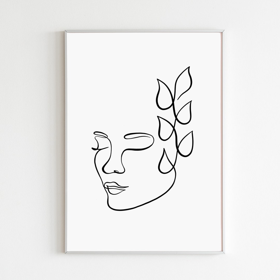 Minimalist Woman Face Line Art Print, Botanical Female One Line Drawing ...