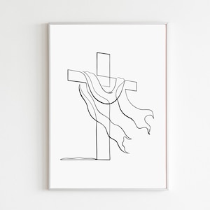 Puede incluir: Impresión artística minimalista de una cruz con un paño drapeado. La obra está realizada en negro sobre fondo blanco, creando un diseño sencillo pero impactante. La cruz está centrada, con el paño fluyendo con gracia.