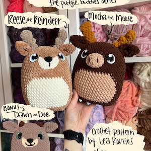 May include: Crochet pattern for three plush animal toys: a reindeer, a moose, and a doe. The toys are brown and white with black eyes and noses. The pattern is by Lea Kouzios of Kouzi Krafts.