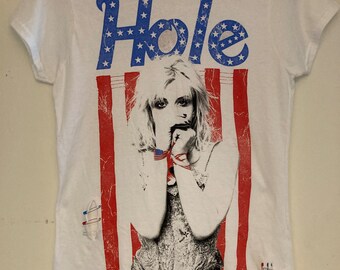 Hole Courtney Love band t-shirt Ladies size M, holes with safetypins and glitter