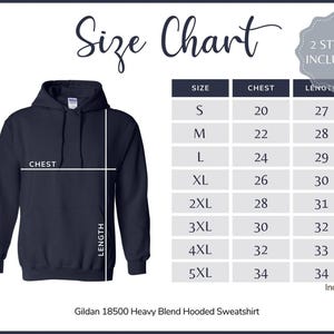 May include: Size chart for a Gildan 18500 Heavy Blend Hooded Sweatshirt. The chart shows sizes S through 5XL with corresponding chest and length measurements in inches.
