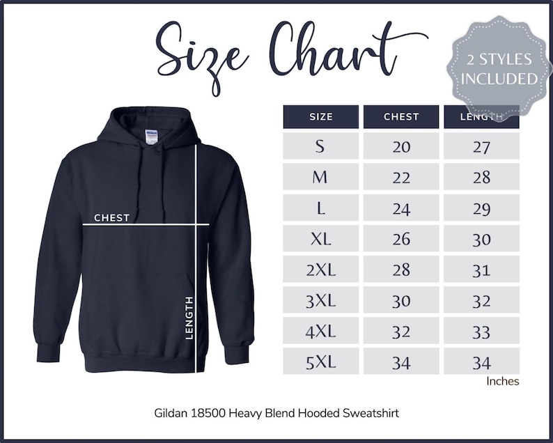 May include: Size chart for a Gildan 18500 Heavy Blend Hooded Sweatshirt. The chart shows sizes S through 5XL with corresponding chest and length measurements in inches.