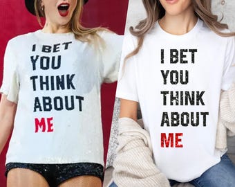 I bet you think about me REAL red and black glittery glitter printing pop culture inspired Taylor concert Era tee