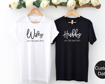 Wifey and Hubby Est. Custom Date T-shirt, Honeymoon Shirt, Just Married tee, Engagement Shirt, Wedding Shirts, Husband And Wife Shirts