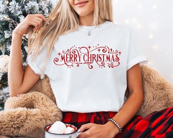 Pretty Merry Christmas White shirt with Red shiny Glitter Foil Holiday shirt Christmas Gathering Shirt, Santas gift shirt Holiday festive