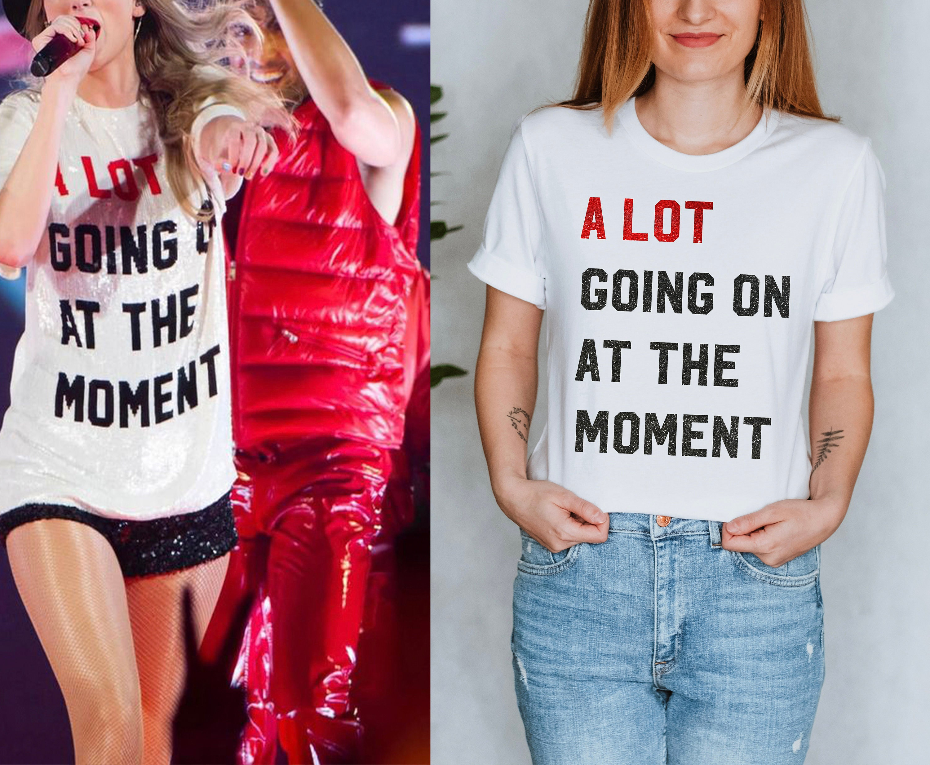 Veel gaande op dit moment Swift-T-shirt met ECHTE rode en zwarte glitterletters Swiftie merch Taylor-t-shirt