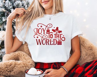 Joy to the world White shirt with Red shiny Glitter Holiday shirt Christmas Gathering Shirt, Santas gift shirt Holiday festive outfit