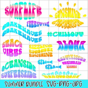 May include: A set of 12 summer-themed digital designs featuring colorful, retro-style text. The designs include phrases like "Surf Life", "Make Waves", "Beach Vibes", "Aloha", "Sunshine", and "Salty Kisses".