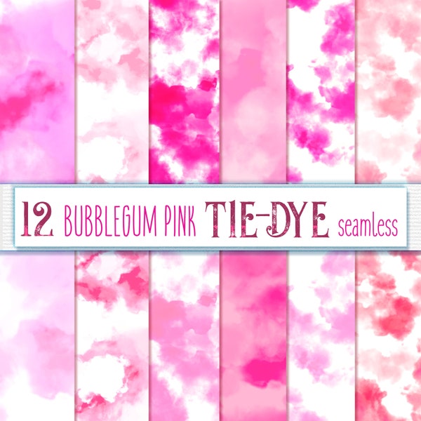 BUBBLEGUM PINK TiE-DYE Seamless Digital Patterns Background Bright and Pastel Pink White Fuschia Neon Rose Strawberry Sherbet Summer Pop