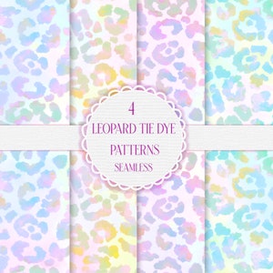 May include: Four seamless leopard print patterns in tie-dye colors. The patterns are in shades of blue, pink, yellow, and green.