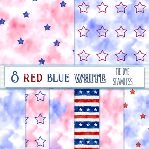 Könnte beinhalten: Acht nahtlose Tie-Dye-Muster in Rot, Weiß und Blau mit Sternen. Die Muster sind perfekt für Scrapbooking, Kartenherstellung und andere Bastelarbeiten.