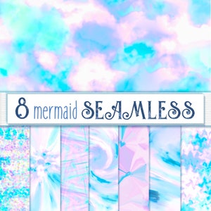 Puede incluir: Un conjunto de 8 patrones digitales sin costuras con diseños de temática de sirena en tonos de azul, rosa y blanco. Los patrones incluyen remolinos, purpurina y diseños abstractos.