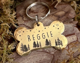 Personalised Bone Shaped Mountain Adventure Pet ID Tag - Deep Engraved Brass Dog Tag, Dog Tags