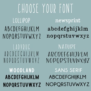 May include: A graphic showing different font styles for the alphabet. The fonts are labeled "Lollipop", "Newsprint", "Ladybug", "Nature", "Woodland", and "Sans Serif".
