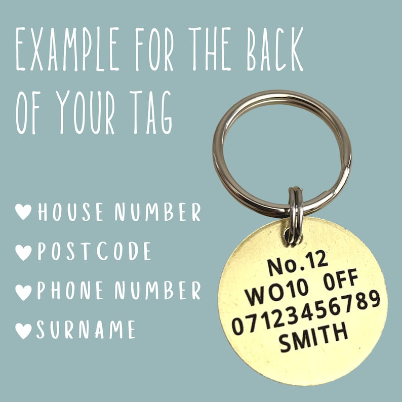 May include: A gold-colored metal tag with a key ring. The tag has the text "No.12 WO10 OFF 07123456789 SMITH" engraved on it.