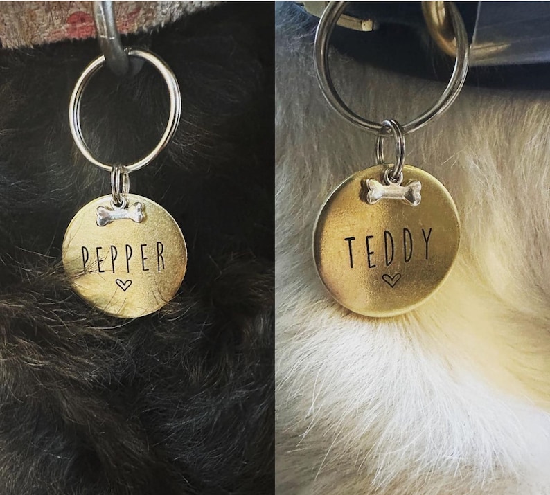 May include: Two gold dog tags with bone and heart charms. The tag on the left says "Pepper" and the tag on the right says "Teddy".