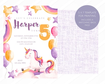 Invitación de fiesta de cumpleaños de unicornio para niña, invitación de fiesta de cumpleaños femenina, fiesta de unicornio, elegante invitación de cumpleaños de unicornio, unicornio morado