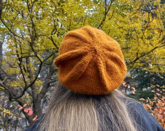 Hand-knitted beret, orange beret, green beret, wool beret