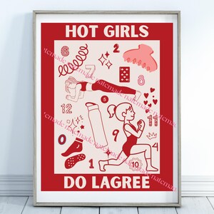 Puede incluir: Una impresión enmarcada de color rojo y crema con el texto "HOT GIRLS DO LAGREE". La impresión presenta ilustraciones de ejercicios, números y otros gráficos. La obra de arte se muestra en un marco blanco.