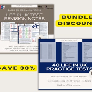 May include: A yellow and black graphic with the text "Bundle Discount" and "Save 30%". The graphic is advertising a bundle of Life in UK Test Revision Notes and 40 Life in UK Practice Tests. The revision notes are described as "Most comprehensive revision notes, organised and structured for easy memorisation, ideal as a last-minute cheatsheet". The practice tests are described as "Printable 40 mock tests with answers, many questions reported by actual test takers, ideal for offline learning".