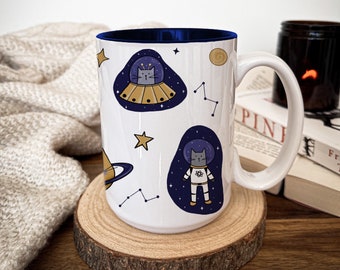 Space Cats Ceramic Mug// illustrated cat mug, cat lover gifts, astronaut, blue mug, large coffee mug, birthday gifts