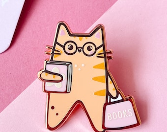 Betty - Bookworm Cat Enamel Pin// rose gold lapel pin, brooch, cat lover gift, bookworm pin