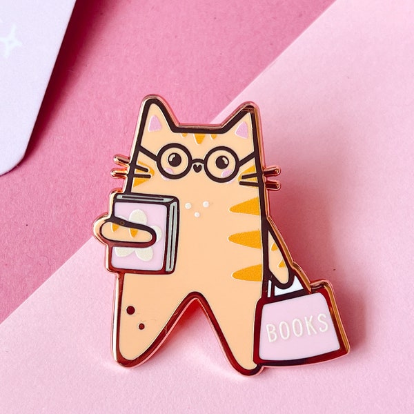 Betty - Bookworm Cat Enamel Pin// rose gold lapel pin, brooch, cat lover gift, bookworm pin