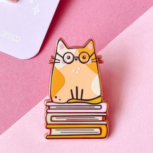 Hazel Bookworm Cat Enamel Pin// rose gold lapel pin, brooch, cat lover gift, bookworm pin image 1