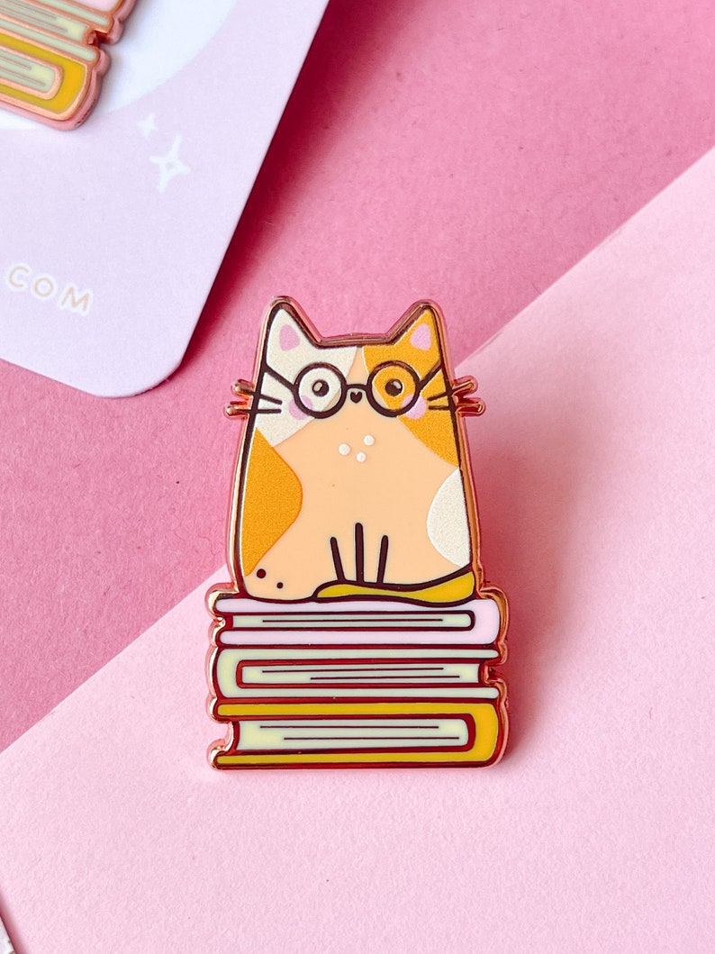 Hazel Bookworm Cat Enamel Pin// rose gold lapel pin, brooch, cat lover gift, bookworm pin image 1