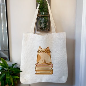 Hazel Bookworm Cat Tote Bag// leesgrage, boekenliefhebber, boekenwurm geschenken, kattenliefhebber geschenken afbeelding 8