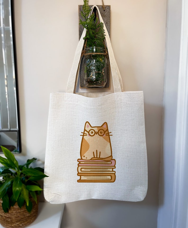 Hazel Bookworm Cat Tote Bag// leesgrage, boekenliefhebber, boekenwurm geschenken, kattenliefhebber geschenken afbeelding 8