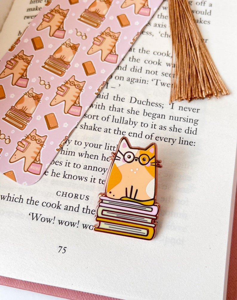 Hazel Bookworm Cat Enamel Pin// rose gold lapel pin, brooch, cat lover gift, bookworm pin image 4