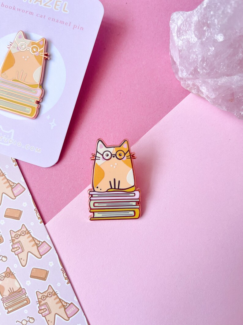 Hazel Bookworm Cat Enamel Pin// rose gold lapel pin, brooch, cat lover gift, bookworm pin image 2