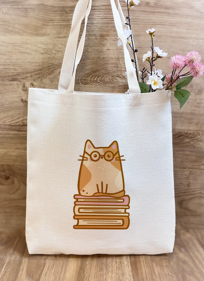 Hazel Bookworm Cat Tote Bag// leesgrage, boekenliefhebber, boekenwurm geschenken, kattenliefhebber geschenken afbeelding 3