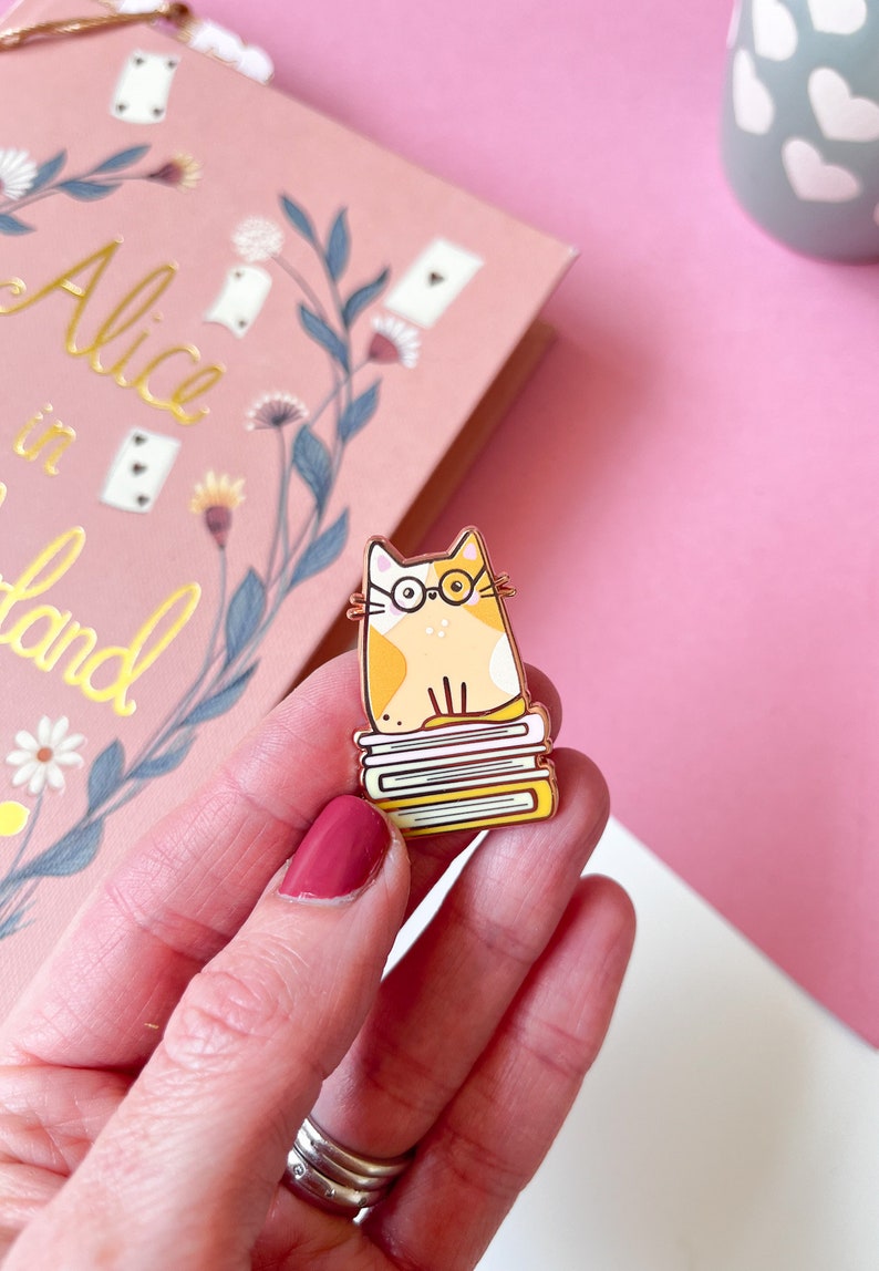 Hazel Bookworm Cat Enamel Pin// rose gold lapel pin, brooch, cat lover gift, bookworm pin image 3