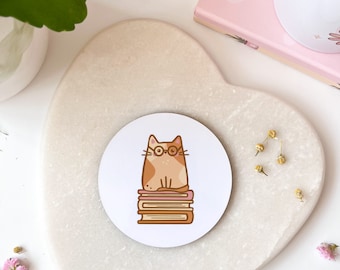 Hazel, Bookworm Cat Wooden Coaster// cat lover gifts, cat illustration, books & cats