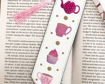 Tea Party Vegan Leather Bookmark// book lover gifts, bookworm, tea and cake, english tea party bookmark, pink, cookies, tea and biscuits