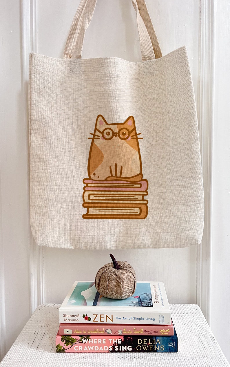 Hazel Bookworm Cat Tote Bag// leesgrage, boekenliefhebber, boekenwurm geschenken, kattenliefhebber geschenken afbeelding 6