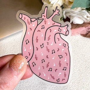 Anatomical heart clear waterproof sticker for music lover, music notes human heart sticker for musician, Valentine&#39;s gift for anatomy lover